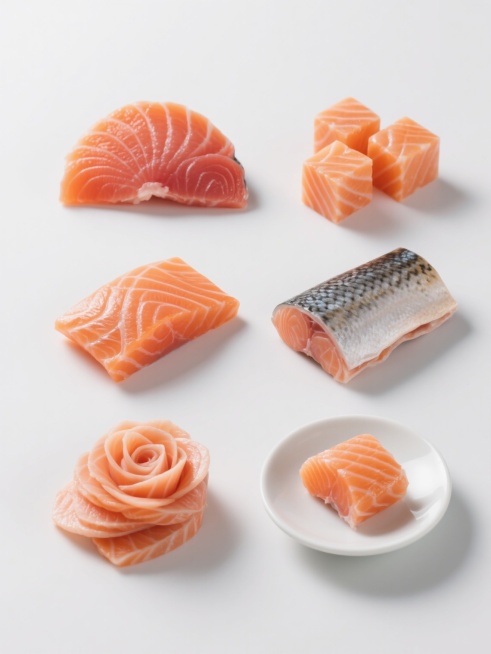 在纯白色背景上，以超写实摄影风格展示六款完全不同造型的三文鱼系列素材集合，采用规整的网格状排布。每款三文鱼都保持其新鲜橙红色的肉质、清晰可见的白色脂肪纹理和湿润的光泽感，光影效果统一，均为柔和的顶部主光源，带有轻微阴影增强立体感。造型包括：1. 经典扇形刺身切片（如原图）；2. 均匀大小的立方体块状；3. 长条形厚切条；4. 带皮的完整鱼排切段；5. 薄片叠放的玫瑰花纹；6. 放在白色瓷盘中的……预览效果