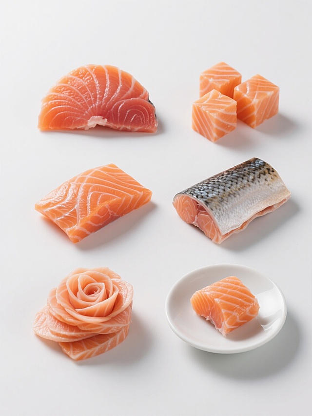 在纯白色背景上，以超写实摄影风格展示六款完全不同造型的三文鱼系列素材集合，采用规整的网格状排布。每款三文鱼都保持其新鲜橙红色的肉质、清晰可见的白色脂肪纹理和湿润的光泽感，光影效果统一，均为柔和的顶部主光源，带有轻微阴影增强立体感。造型包括：1. 经典扇形刺身切片（如原图）；2. 均匀大小的立方体块状；3. 长条形厚切条；4. 带皮的完整鱼排切段；5. 薄片叠放的玫瑰花纹；6. 放在白色瓷盘中的去骨鱼块。所有元素保持高度一致的色彩饱和度和质感表现，整体构图平衡，信息传达清晰，适合作为食材展示或菜单设计素材。
