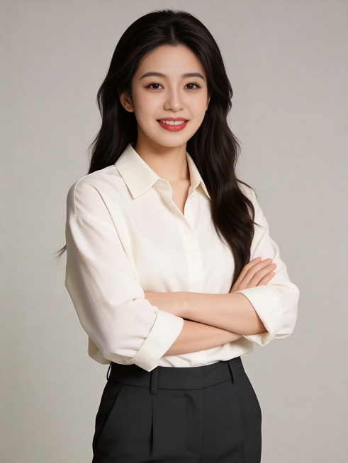 参考第一张图保留人物脸型､年龄等特征生成职场形象照,参考第二张图人物占位和比例,标准焦段50mm,F/4光圈(F/2.8-F/4区间),平视视角(镜头与人物视线齐平);人物占画面70%,人物居中(居中预览效果