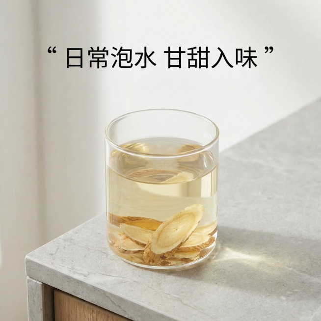 [第一组第6张：泡水展示] 现代简约风，透明玻璃杯中放入黄芪片倒入清水，汤色清澈，放在浅灰色台面，上方文字写"日常泡水 甘甜入味"，禁止出现药 保健 养生字样，完整文案加双引号预览效果