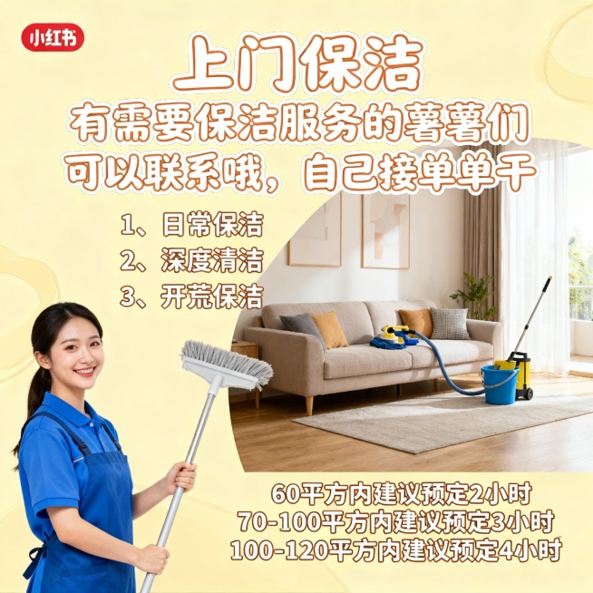 上门保洁
有需要保洁服务的薯薯们可以联系哦，自己接单单干
[服务项目]
1、日常保洁
2、深度清洁
3、开荒保洁
[友情提示]
60平方内建议预定2小时
70-100平方内建议预定3小时
100-12预览效果