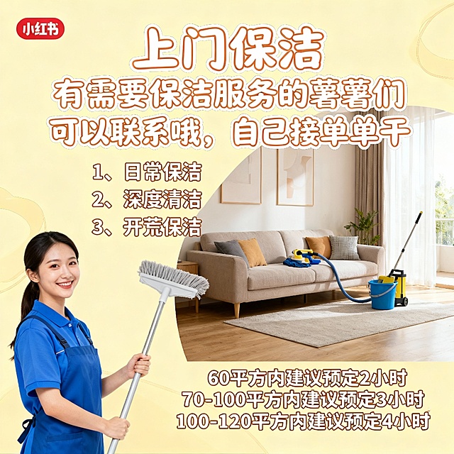 上门保洁
有需要保洁服务的薯薯们可以联系哦，自己接单单干
[服务项目]
1、日常保洁
2、深度清洁
3、开荒保洁
[友情提示]
60平方内建议预定2小时
70-100平方内建议预定3小时
100-120平方内建议预定4小时