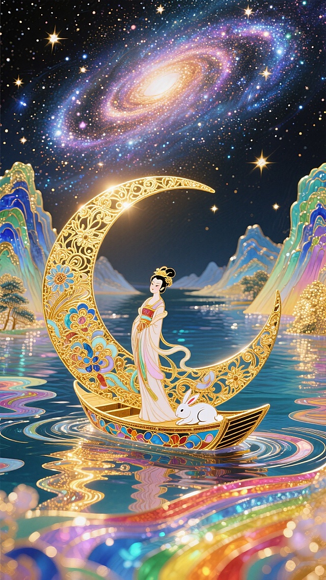 非遗珐琅工艺风格，画面上方是灿烂的宇宙星河，画面下方是五彩斑斓的江水，江水两岸是山峦，江水中间是一弯月亮船，月亮船上有仙气飘飘的嫦娥，嫦娥在整体画面的中心，玉兔在月亮船上安稳得睡着，整体是金灿灿的暖色调
