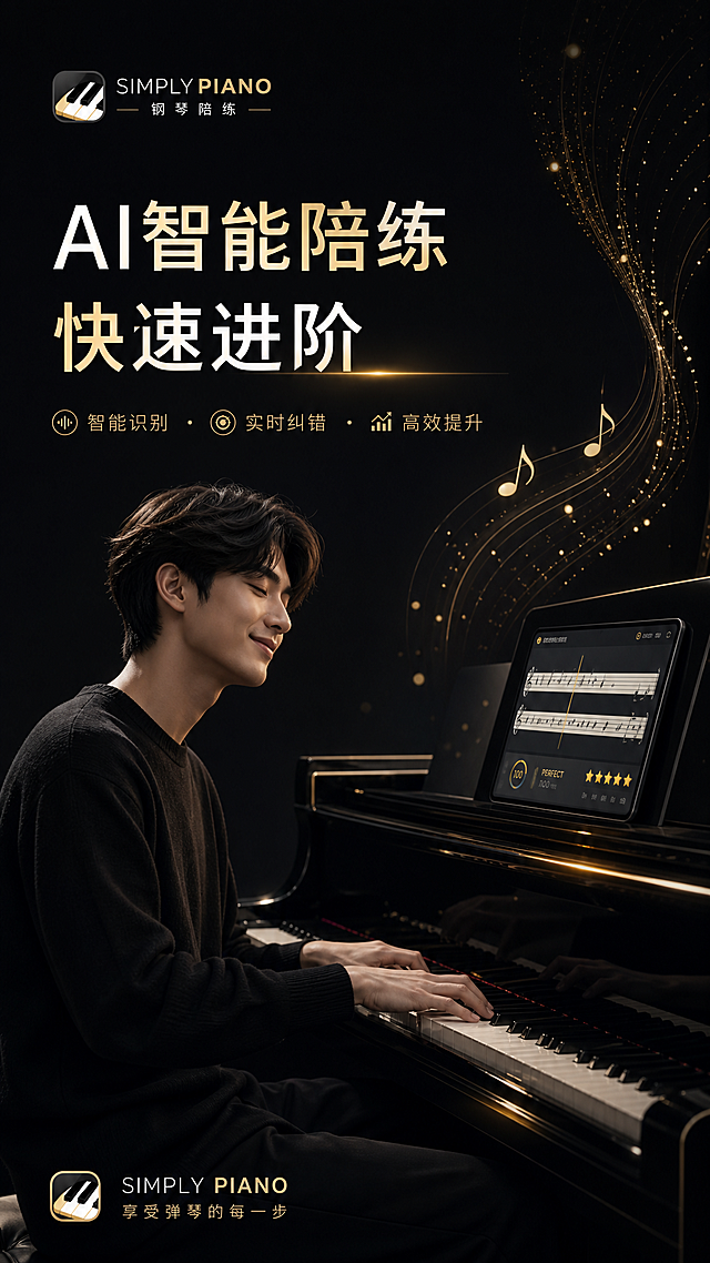 Simply Piano钢琴陪练软件信息流广告图，年轻人弹钢琴享受快乐时光，标题"AI智能陪练快速进阶"放置在画面中上方，深色系高级感视觉风格，黑色搭配少量金色装饰，竖版，整体简约高级，和前两张风格保持统一连贯