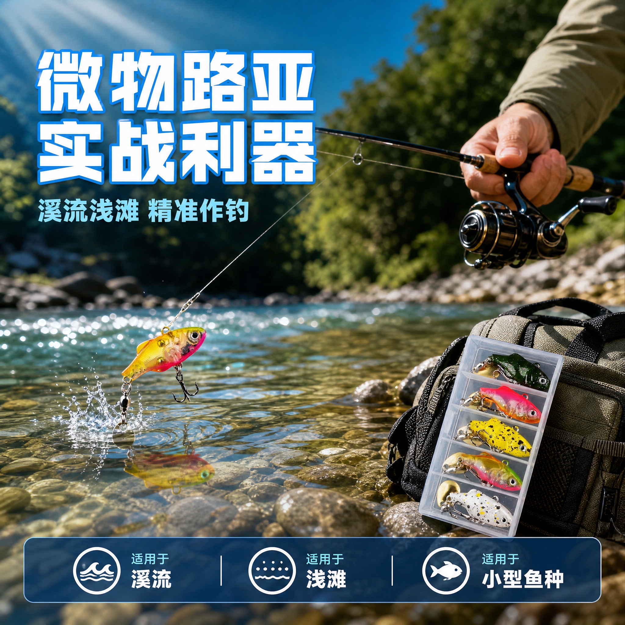 [主图-4] 真实使用场景与体验，展示路亚钓手在溪流环境中使用… - 图片创意预览