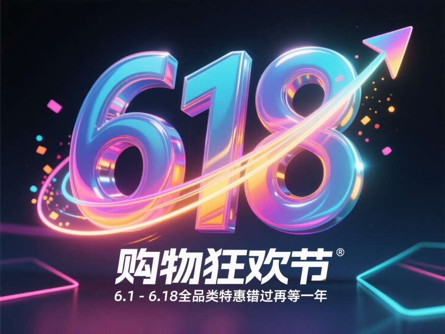 立体618数字+箭头，数字表面流动光效，箭头尾部渐变路径有粒子拖尾，荧光色点缀，背景暗色渐变，搭配霓虹线路效果。底部添加“购物狂欢节”标签，副标题“6.1-6.18全品类特惠错过再等一年”预览效果