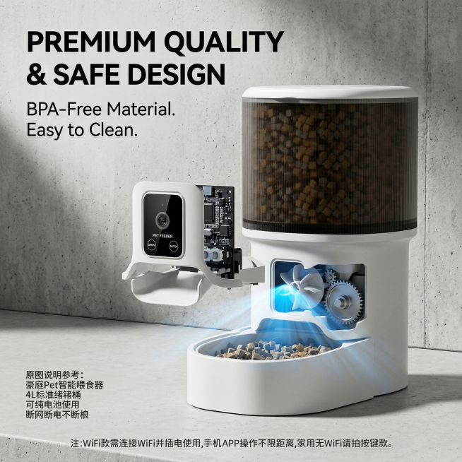 产品细节页：保持宠物自动喂食器整体外形不变和原图完全一致，仅突出控制面板按键出粮口细节，切片设计突出产品做工，现代简约背景非白底，突出大英文标题"Premium Quality & Safe Desi预览效果