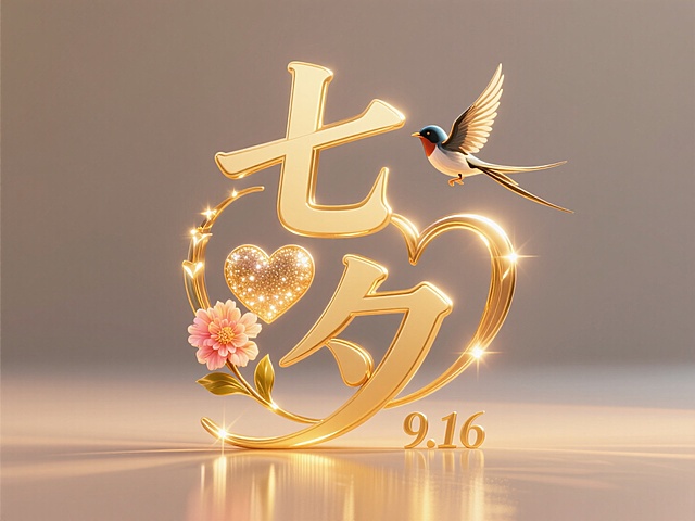 鎏金风3D大字设计，梦幻浪漫七夕主题，心形与飞鸟点缀，唯美感十足。