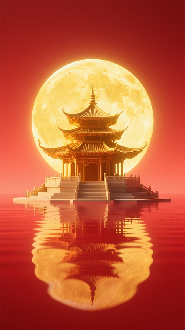 中式古典阁楼在超现实主义的鎏金月亮下，3D梦幻风格，映照水中，中秋佳节氛围浓厚。