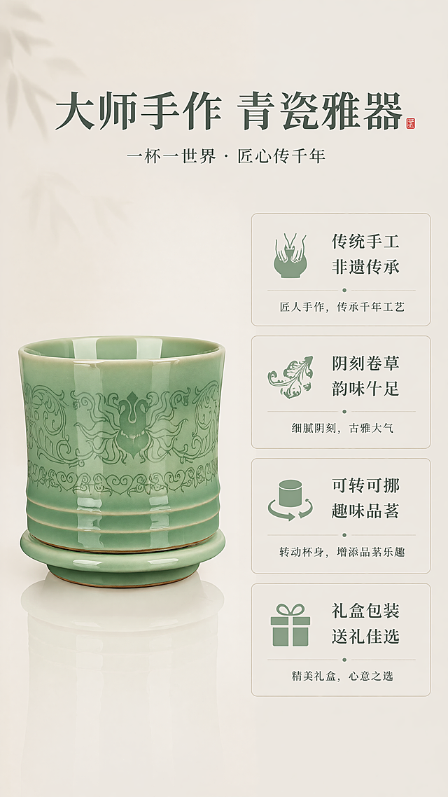 [第2屏] 核心卖点阐述，手工青瓷转转杯工艺价值展示。本屏使用【图8】单杯展示产品外观。
[氛围/风格] 简约高级中式风，素雅干净，突出工艺质感。
[元素布局] 左侧放大展示转转杯主体，占画面约50%；右侧分四个圆角卡片展示核心卖点，每个卡片配一个简洁中式图标，文字清晰可读，转转杯外观、颜色、刻花纹保持与原图一致。
[光影质感] 均匀柔和自然光，釉面高光清晰，干净通透。
[配色色系] 全局底色 #F5F5F0 米灰色，主体梅子青，卡片浅米色底配深灰文字，绿色小图标点缀。
[视角构图] 左图右文版式，卡片上下排列，信息层级清晰。
[文字版式] 顶部主标题「大师手作 青瓷雅器」，右侧四个卖点卡片分别为：「传统手工 非遗传承」「阴刻卷草 韵味十足」「可转可挪 趣味品茗」「礼盒包装 送礼佳选」，每一个卖点配对应图标，文字清晰不遮挡产品。
[比例分辨率] 9:16，4K，文字清晰可辨，移动端浏览舒适。
[负向提示词] 产品变形，颜色偏差，缺件错件，文字错乱，文字过小，背景杂乱，水印。