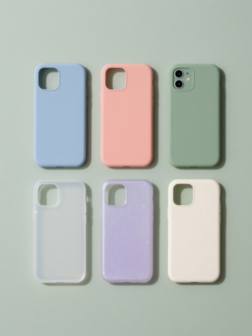 6个智能手机保护壳以规整网格状排布，每个手机壳保持简约现代的圆角矩形造型，后置摄像头模组细节清晰，整体采用纯色背景。手机壳颜色和材质各不相同，包括磨砂质感的天蓝色、光面的珊瑚粉、哑光的橄榄绿、细腻纹理的浅灰色、半透明的淡紫色和带有细微珠光的米白色，所有保护壳表面光滑无图案，无任何文字、logo或水印，光线柔和均匀，突出材质本身的质感和色彩的纯净度。预览效果