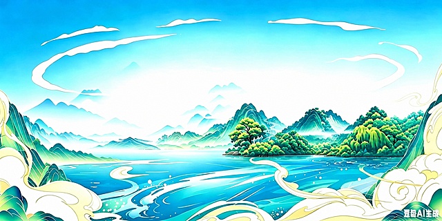 去掉图片中的济南建筑，去除泉城广场的泉标、泰山的石头和亭子，保留国潮山水湖泊祥云的整体风格和构图，保持原图配色和绘画风格不变，自然衔接原有画面
