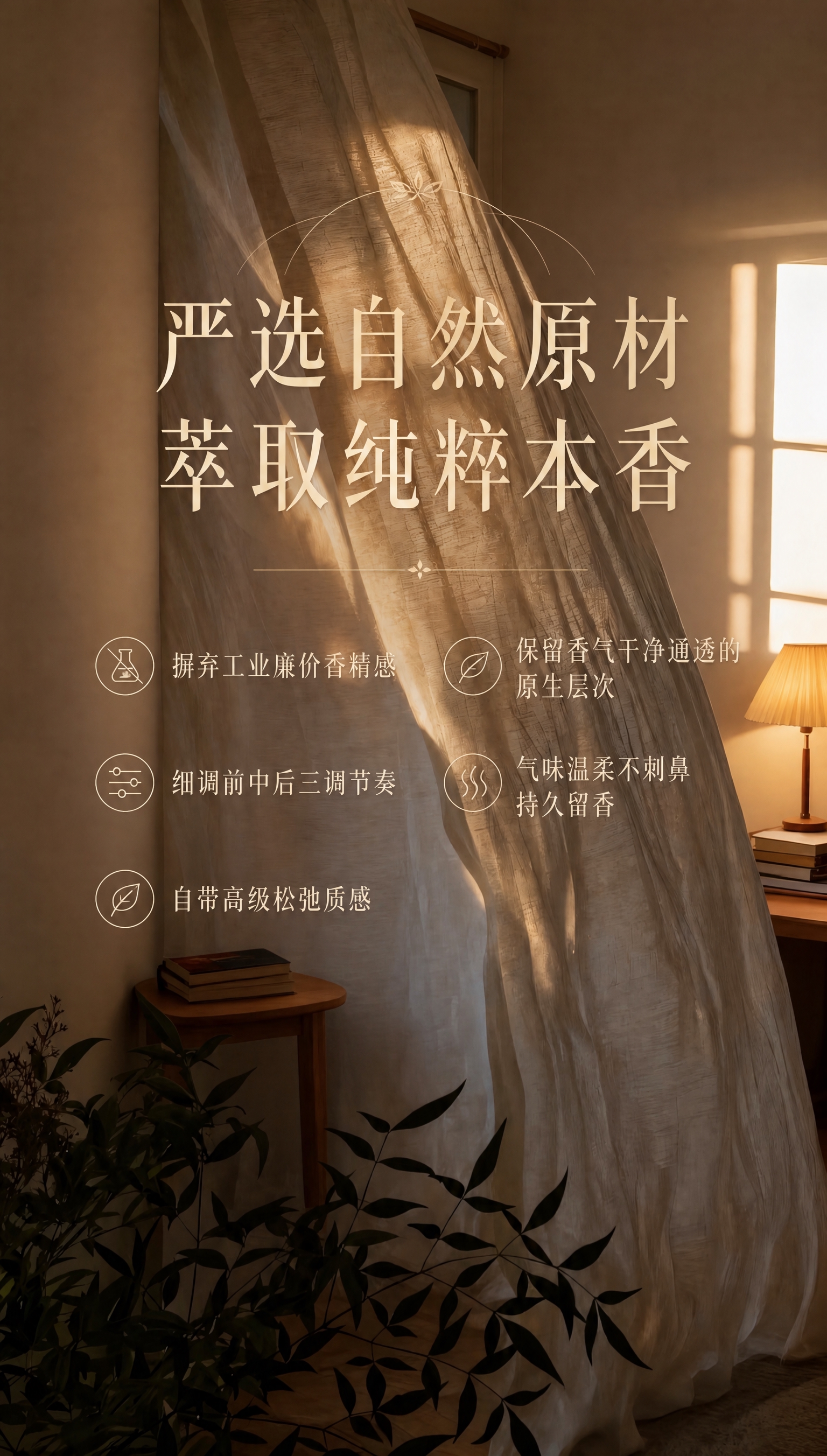 在第二张暖光窗帘室内场景图上添加文字并进行高级美观的排版设计。… - 图片创意预览