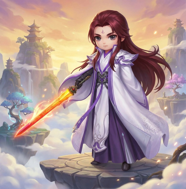 把图二的角色变成图一的大头3DQ版风格，添加仙侠背景预览效果
