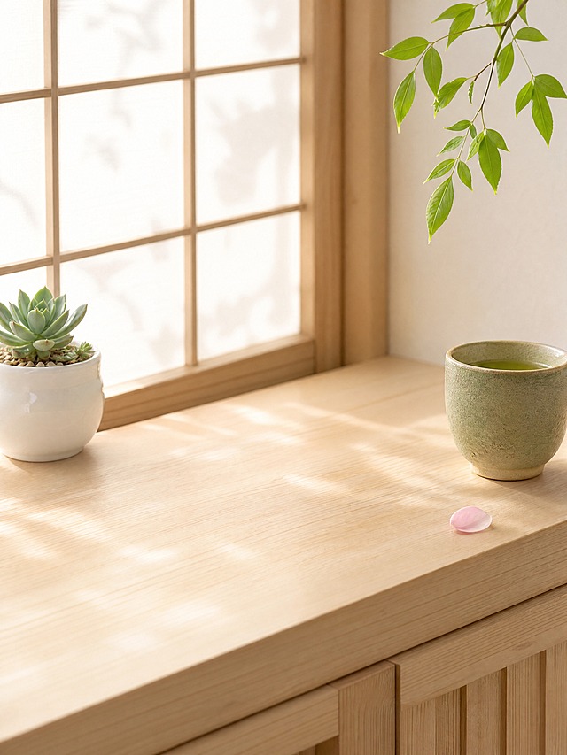日系清新静物场景，竖版构图。
主体：画面偏左位置留出大面积空白展示区，用于放置产品，空白区域占画面 45%，木质窗台干净清新。
构图：居中偏左构图，微侧 10° 平视，空白展示区位于画面偏左位置，右侧留有自然留白。
风格：清新日系。
场景概念：日式原木窗台边，清晨柔和的阳光，清新自然的治愈系氛围，干净明亮，竖版电商主图规格。
承载与空间：①承载面：画面中部偏下，浅桧木色木质窗台，细腻木纹，浅桧木色，温润质感，台面开阔平整；②背景：画面上部，日式障子纸拉门，米白色和纸纹理，米白色，柔和透光，虚化处理；画面下部，窗台下方同色系木质结构。
陪衬物：①画面右侧，一只日式粗陶小茶杯，抹茶绿色，哑光粗陶质感，抹茶绿，里面盛着半杯清茶；②画面左上角，一小盆迷你多肉植物，种在白色陶瓷小花盆里，白瓷+绿色多肉，清新可爱；③画面右下角，一片飘落的樱花瓣，淡粉色，轻盈自然；④画面右上角，一枝垂下来的绿叶枝条，鲜绿色，增添生机。
配色：主色 60% 米白 / 辅色 25% 浅桧木色 / 点缀色 15% 抹茶绿+淡粉+翠绿；画面实际颜色 6 种：米白 / 浅桧木 / 抹茶绿 / 淡粉 / 白瓷色 / 翠绿。
材质：桧木 / 和纸 / 粗陶 / 白瓷 / 植物；画面实际材质 5 种：日本桧木 / 障子和纸 / 粗陶土 / 哑光白瓷 / 多肉植物。
光影：主光从左侧障子门透入 45°，清晨柔和漫射自然光，均匀明亮；辅光为右侧墙面淡色反射；阴影极淡，整体明亮通透；台面有柔和的木色反光，清新自然。
参数：4K 写实光追，medium 质量。严格锁定宽高比为 3:4。
