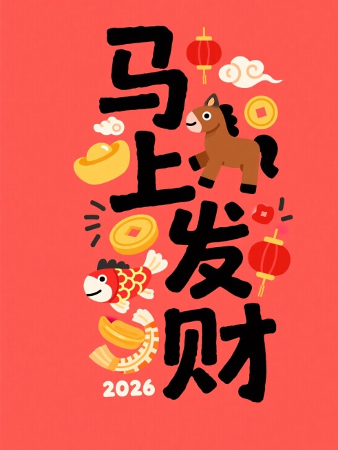 主体是竖版黑色 “马上发财” ，拙气扁平手写风格，上下保留一定边距。叠加于正红底色之上，字间穿插卡通棕马、锦鲤元素与元宝、铜钱、红灯笼、祥云符号，点缀 “2026”。预览效果