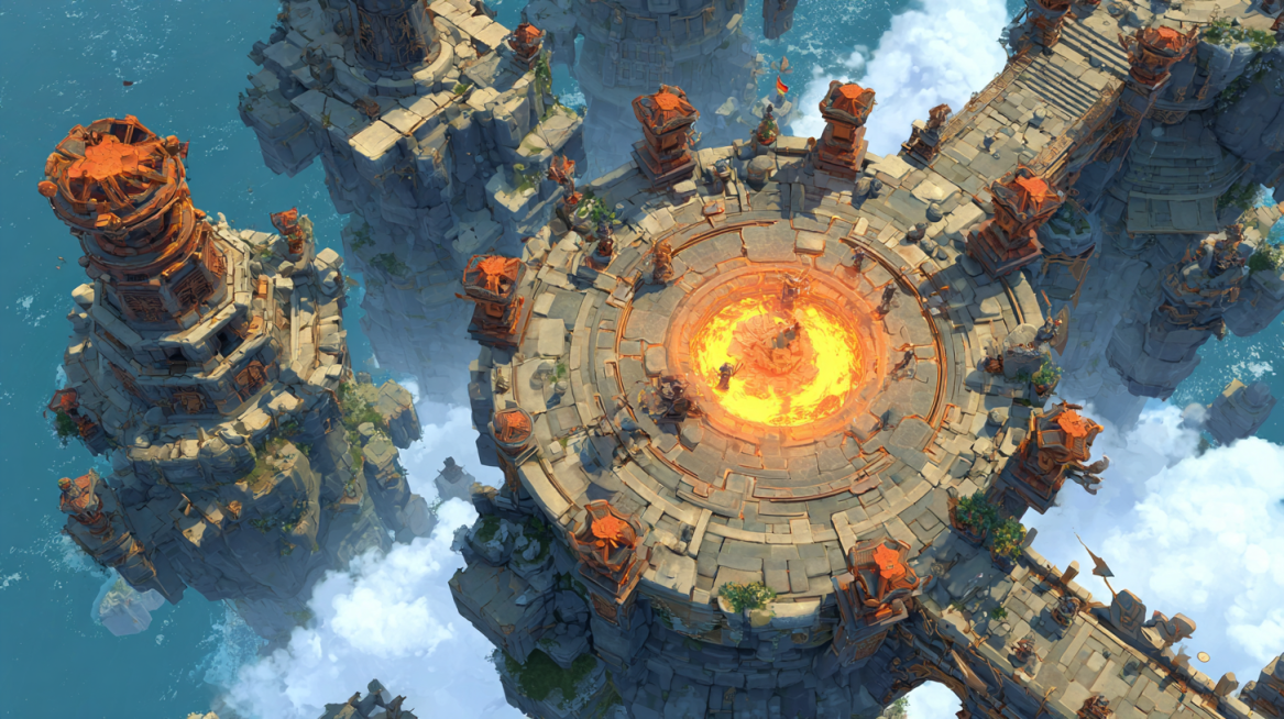 mobile game scene concept, battle scene,二次元国风仙侠风格, RPG mobile game, 45-degree oblique top-down view,预览效果