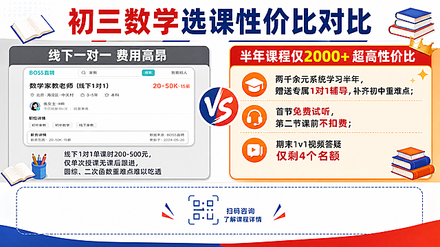 16:9横版初三数学招生对比海报，简约商务教育风，红蓝撞色醒目大字，页面点缀书本卡通小图标。顶部居中主标题：“初三数学选课性价比对比”，字体醒目加粗。画面左右均分双栏布局：左栏冷灰色背景，内嵌BOSS直聘线下家教薪资报价实拍效果图，左栏标题：“线下一对一 费用高昂”，下方文案：“线下1对1单课时200-500元，仅单次授课无课后跟进，圆综、二次函数重难点难以吃透”；右栏暖橙高亮背景，右栏标题：“半年课程仅2000+ 超高性价比”，下方文案：“两千余元系统学习半年，赠送专属1对1辅导，补齐初中重难点；首节免费试听，第二节课前不扣费，期末1v1视频答疑仅剩4个名额”。海报底部预留大面积空白二维码放置区，所有文字清晰可辨，版式精美，高清4K画质，整体风格简约商务教育感强烈