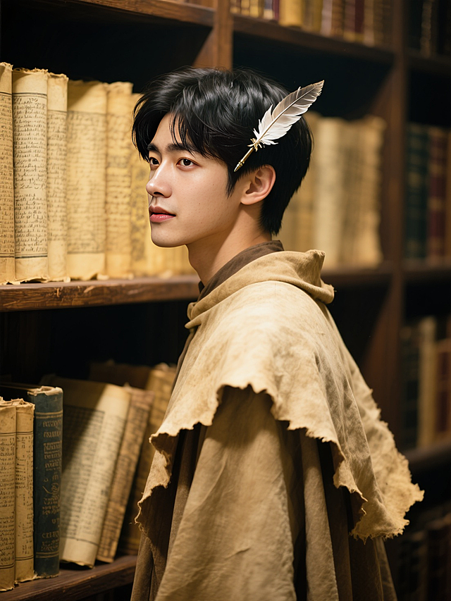 🧙‍♂️魔法图书馆！持羽毛笔簪长袍帅哥来袭！

在古卷泛黄滤镜下的魔法图书馆，一位身着羊皮纸长袍的帅哥，发间别着羽毛笔发簪，宛如从古老魔法故事中走来。

他身上散发着神秘气质，与周围的书架、书卷融为一体。这画面，仿佛将我们带入了一个充满奇幻的魔法世界，谁能不心动？