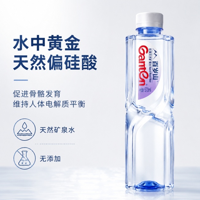 使用电商主图技能生成8张比例1:1的电商主图，适配平台为淘宝/天猫，商品为「图片1」「图片1」，商品卖点为饮用纯净水，5A级风景区建厂，平肩造型设计，坚持水源地生产，平肩造型设计，“水中黄金”偏硅酸预览效果
