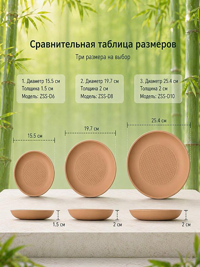 Regenerate product size comparison chart for 3 different specifications of round beige bamboo fiber grid plates, adjust the arrangement: place 3 plates of different sizes on a clean light platform, adjust the spacing so that all thickness dimension lines and labels are completely on the platform, do not cut off any dimension information, all dimensions and models are marked correctly: 1. Диаметр 15.5 см
Толщина 1.5 см
Модель: ZSS-D6
2. Диаметр 19.7 см
Толщина 2 см
Модель: ZSS-D8
3. Диаметр 25.4 см
Толщина 2 см
Модель: ZSS-D10
. Completely retain the original product color, grid texture, clean light green bamboo forest background, clear size marking, 3:4 ratio, 2K resolution, medium quality