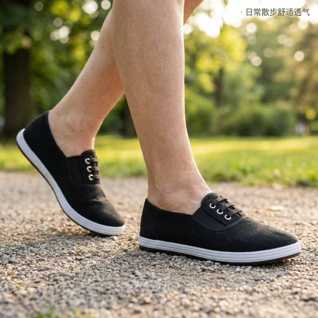 [主图 10] 日常休闲散步场景展示
[氛围风格] 休闲生活化，舒适自然。
[画面元素] 商业摄影质感、光线柔和通透、产品清晰真实、画面干净高级。中老年人傍晚公园散步，脚穿这款黑色布鞋，自然行走，展示预览效果