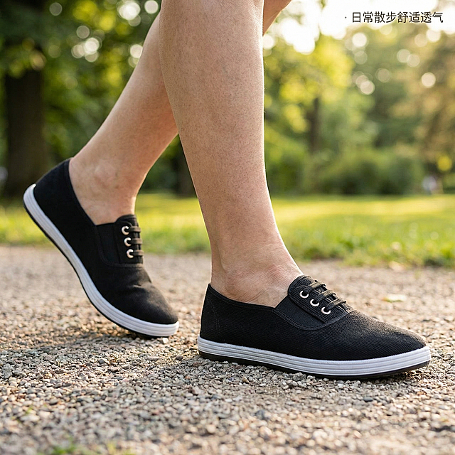 [主图 10] 日常休闲散步场景展示
[氛围风格] 休闲生活化，舒适自然。
[画面元素] 商业摄影质感、光线柔和通透、产品清晰真实、画面干净高级。中老年人傍晚公园散步，脚穿这款黑色布鞋，自然行走，展示日常散步穿着的舒适透气，鞋子外形和材质与原图一致。背景为公园绿植，虚化处理。
[配色色系] 黑色鞋子，绿色自然背景，色调清新。
[视角构图] 中景平视，聚焦脚部鞋子。
[文字版式] 右上角浅色小字标注 "日常散步舒适透气"。
[比例分辨率] 1:1 比例，2k 分辨率；文字清晰可辨，超高清。
[负向提示词]变形，水印，文字错乱，产品图模糊，背景杂乱