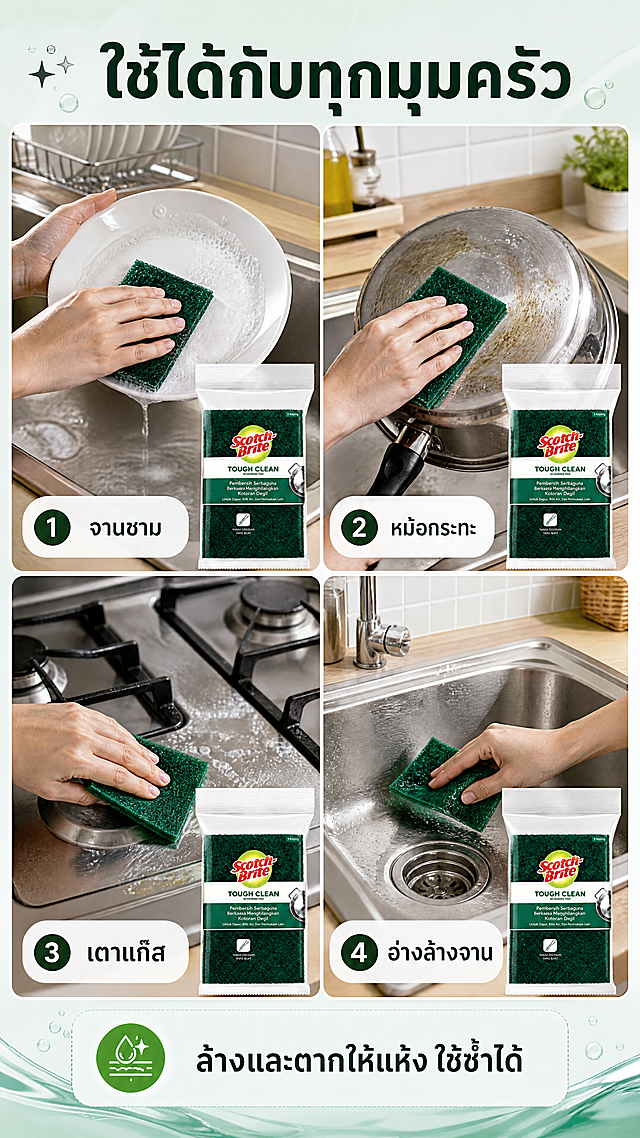 [商品] 使用【图1】绿色 Scotch-Brite TOUGH CLEAN 百洁布 5 片装；保留结构、配色与包装文字原样，不翻译、不替换、不改写；商品处理：在四个不同厨房场景中，产品以真实使用状态出现，水渍、油渍与接触阴影自然，颜色与外观保持一致。
[画面] 页面目标：多场景使用拼图；2x2 四宫格真实场景拼图，依次为洗碗碟、擦锅具、擦灶台、擦水槽，每格绑定一个具体用途，格内产品清晰可见并占该格约 30%；四格间用细白分隔线与圆角边框统一；阅读动线由左上顺时针推进；景别为中景与近景交叉；每格背景为泰国真实厨房环境（不锈钢、瓷砖、浅木台面）。
[视觉] 套系策略：风格=跨境清洁日用清新商业摄影，真实客观、极简、少装饰；标题字=泰语粗黑无衬线体；正文字=泰语常规无衬线体；主色=深绿；背景延展=基于深绿与浅薄荷白做同色深浅渐变、明暗层级、清水与皂泡细腻质感；强调色=明黄绿，仅用于小面积图标、引线、标签、局部光效；标题色=深墨绿；正文色=中性深灰；组件=圆角浅底信息卡、细线引线、圆形编号徽章、虚线步骤条；光影=明亮均匀的厨房顶部柔光加微弱前侧补光。
[文字] 顶部泰语主标题 "ใช้ได้กับทุกมุมครัว"，四格下方各一句短标签 "จานชาม"、"หม้อกระทะ"、"เตาแก๊ส"、"อ่างล้างจาน"，底部一条信息条 "ล้างและตากให้แห้ง ใช้ซ้ำได้";全部文字横向排版，禁止竖排、旋转、斜排，不遮挡产品。
[规格] 9:16 竖版，4K，负向提示：避免场景不真实、中式厨房、变形、错字、水印、价格信息、绝对化用语、冷灰白单调背景、产品颜色改变。