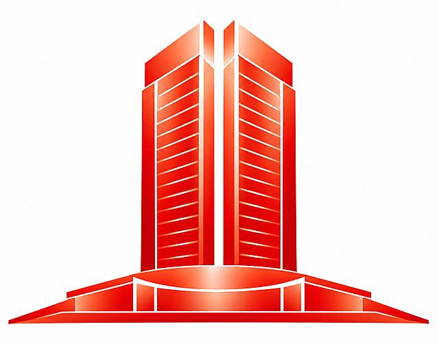 参考图中的红色渐变矢量建筑插画风格，重新设计一座全新的双子塔摩天大楼建筑图标，保持红色到浅橙红色的渐变效果，白色高光线条，扁平化矢量插画风格，纯白背景，简洁现代的建筑造型，对称设计，具有金属光泽质感