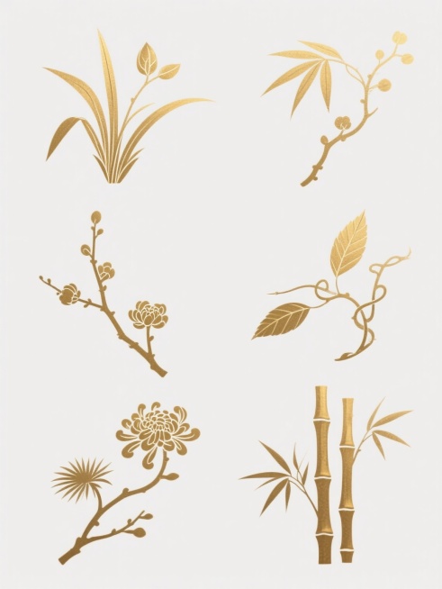纯白背景上，以金色磨砂质感线条勾勒的六个不同古风元素系列素材规整排布，每个元素均采用与金色竹叶相同的哑光金属质感、流畅简约线条和传统水墨笔触风格，元素包括：向上生长的兰草叶片、含苞待放的梅花枝、形态舒展的菊花花瓣、缠绕的藤蔓与叶片、弯曲的松针枝丫、以及竹节分明的竹枝，整体保持统一的中国传统装饰美学，视觉层级清晰，信息传达简洁，呈现出雅致的古风设计感。预览效果