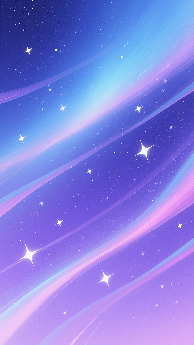 梦幻渐变星空背景，以深邃的蓝紫色为主色调，从顶部的浅蓝向底部的深紫柔和过渡，其间点缀着无数闪烁的白色星星，部分星星带有明亮的高光和轻微的光晕效果。背景中分布着多条斜向的、半透明的彩色光带，光带呈现出粉紫到淡蓝的渐变色彩，与星空背景自然融合，整体画面营造出宁静、梦幻、神秘而又浪漫的宇宙氛围，具有细腻的数字绘画质感，色彩和谐统一，光影柔和，构图简洁大气，充满空灵的美感。