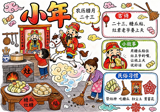 A4横版297:210，纯白色背景，小学生马克笔手绘风格，彩虹糖果色配黑色粗边描线，白纸真人手绘效果，笔触痕迹明显，线条稚嫩歪扭有小学生手绘特点，简单好画，插画大文字少，版式精美，无水印无二维码。
顶部大标题"小年"，红金渐变艺术字，旁边云朵框写"农历腊月二十三"。
画面左侧超大主插画：厨房里灶王爷骑着小马上天，桌上摆着糖瓜和灶糖，小朋友踮脚看灶神画像，妈妈在打扫卫生。
右上小框标题"古诗"，写"二十三，糖瓜粘，灶君老爷要上天"。
右中小框标题"小故事"，画灶王爷吃糖瓜的Q版小插画，旁边写"用糖瓜粘住灶王爷的嘴，让他上天说好话"。
右下小框标题"民俗习惯"，画糖瓜、扫帚、灶神的小插画，旁边写"祭灶神 吃糖瓜 扫尘土 剪窗花"。
周围点缀糖瓜、祥云、扫帚、窗花装饰。
画面中必须完整呈现文字："小年"、"农历腊月二十三"、"古诗"、"二十三，糖瓜粘，灶君老爷要上天"、"小故事"、"用糖瓜粘住灶王爷的嘴，让他上天说好话"、"民俗习惯"、"祭灶神 吃糖瓜 扫尘土 剪窗花"。所有文字必须清晰可读。
画面中所有信息区域必须填充完整合理的内容，不得出现空白框、空白占位、横线待填写区域。