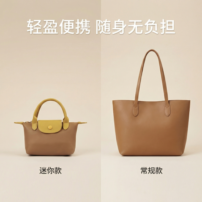 [主图 4] 便携优势对比展示图
[氛围/风格] 直观对比，清晰干净展示优势。
[画面元素] 商业摄影质感、光线柔和通透、产品清晰真实、画面干净高级。采用左右分屏构图，左侧放置我们这款拼色手提包，右侧预览效果