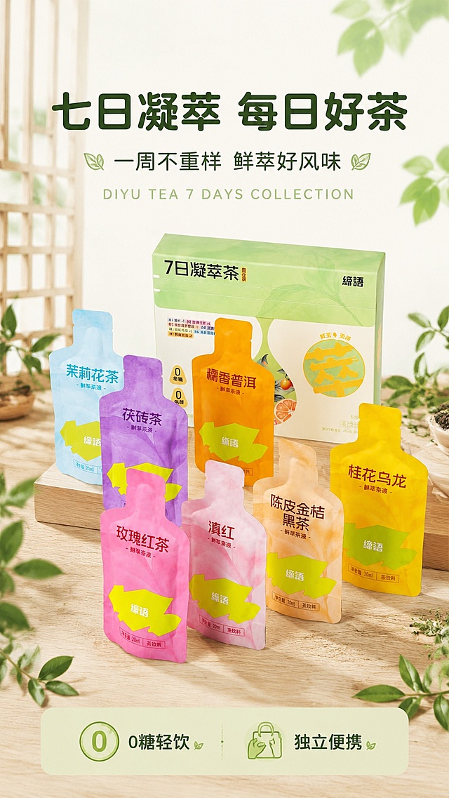 [第1屏] 详情页头图-缔语茶七日凝萃系列茶饮宣传海报。本屏使用【图1】作为商品主体。
[氛围/风格] 清新自然国风，浅绿原木背景，通透自然，商业摄影质感，茶香氛围。
[元素布局] 全套商品置于画面中心偏上位置，占画面约70%；背景为浅色原木桌面搭配少量新鲜茶叶点缀；产品包装结构、颜色、文字保持和输入图一致，呈现完整外盒和7袋独立茶包，主体清晰突出。
[光影质感] 顶侧柔光灯照明，桌面自然投影，保留包装清晰纹理和高光，整体明亮通透。
[配色色系] 全局底色 #F5F5F0；主色取自产品原包装绿、粉、黄、紫、橙；辅助色浅原木色桌面、深绿茶叶点缀。
[视角构图] 正面平视，产品为绝对视觉中心，阅读动线从上到下，自然流畅。
[文字版式] 版式为顶标题+中心产品+底信息条。主标题「七日凝萃 每日好茶」，副标题「一周不重样 鲜萃好风味」，圆角黑体字居中对齐；标题下淡绿色英文装饰「DIYU TEA 7 DAYS COLLECTION」；底部左侧标注核心卖点「0糖轻饮 独立便携」；文字不遮挡产品主体。
[比例分辨率] 9:16 竖版比例，4K分辨率，文字清晰可辨，高清画质。
[负向提示词] 包装变形，缺件错件，颜色偏差，水印，文字错乱，产品图模糊，极限词，虚假宣传
