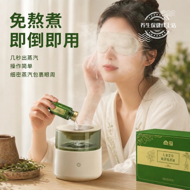 保持第二张图的整体场景、人物动作、所有文字排版、背景布局、礼盒完全不变，仅将女士手中正在倾倒的商品替换为第一张图的深棕色玻璃瓶带绿色标签的人参艾草眼部熏蒸液，保持新替换商品的外观、标签文字、颜色、瓶盖预览效果