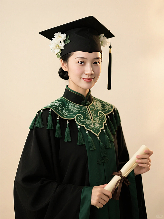 正面照，黑色古风低垂发髻，穿戴学士服学士帽，戴绿色刺绣流苏云肩，学士帽两边都簪了白色的花，手上拿了一个卷轴，半身照，背景浅色质感，暖光
