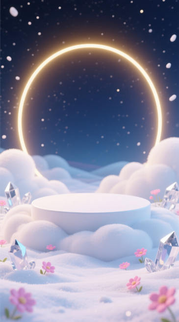 白色的圆形展示台置于柔和的白色云朵上，前景被白雪覆盖，周围分散的水晶被雪覆盖着，还有少量粉色的小花点缀其中，背景是夜空，3D卡通风格。预览效果