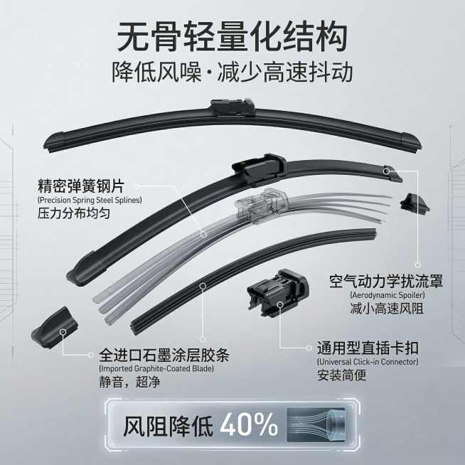 1:1 竖版电商主图，还原上传雨刮器的结构特征，展示无骨雨刮器内部结构拆解图。画面中心为半透明分解视图，呈现钢片、胶条、卡扣等组件，背景为浅灰色渐变，标注各部件功能。主标题「无骨轻量化结构」，副标题「预览效果