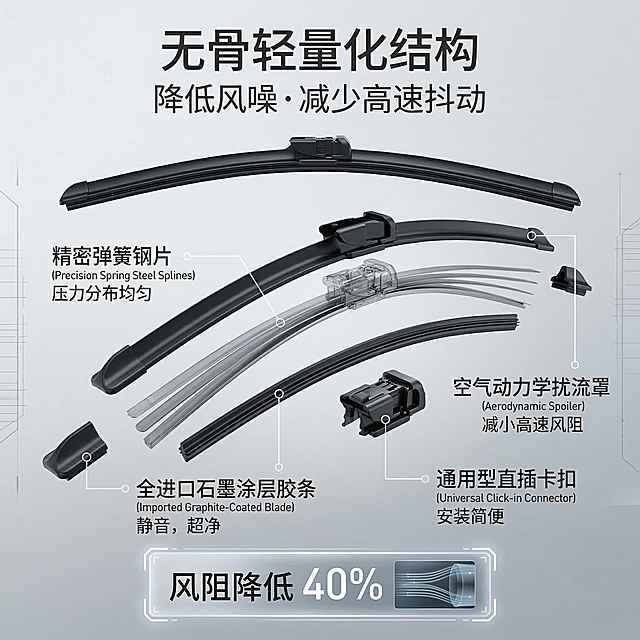1:1 竖版电商主图，还原上传雨刮器的结构特征，展示无骨雨刮器内部结构拆解图。画面中心为半透明分解视图，呈现钢片、胶条、卡扣等组件，背景为浅灰色渐变，标注各部件功能。主标题「无骨轻量化结构」，副标题「降低风噪・减少高速抖动」，底部用数据标注「风阻降低 40%」。整体风格工业科技风，线条清晰，组件标注直观易懂。禁止结构拆解错误，禁止线条模糊混乱，禁止标注信息错误，禁止背景杂乱干扰主体，禁止使用卡通化风格