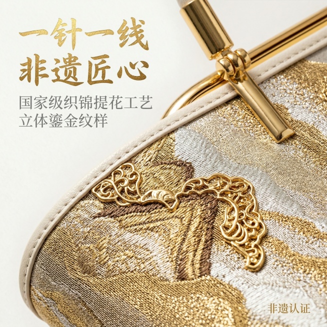 基于原图产品，对新中式国风鎏金山水织锦提花手提包的鎏金山水提花区域做正面超近距离特写，严格保留鎏金山水提花纹样、奶白真皮包边、亮金五金配件所有细节。尺寸比例1:1竖版。添加文字：画面左上角主标题"一针预览效果