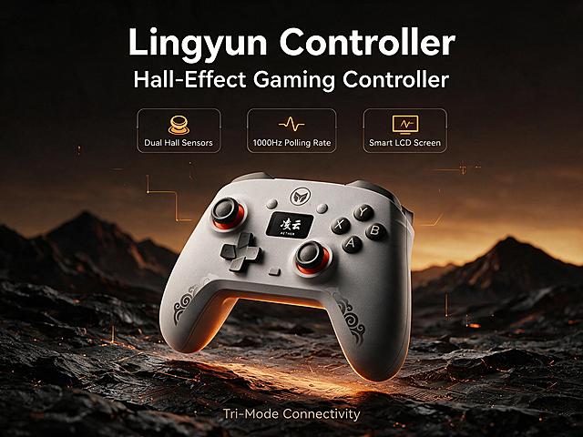 [商品] 使用【图1】凌云手柄 Lingyun Controller 正面主视图；保留手柄整体结构、左右摇杆、十字键、功能按键、肩键扳机、握把弧度、浅灰磨砂材质、红色摇杆内环、祥云纹握把图案、Logo 与商品本体文字（"凌云 AETHER" 字样与品牌标）；真实功能方向为双手握持游戏操作，不改变产品比例与部件位置。
[画面] 页面目标：硬核性能头图，第一时间传递双霍尔 + 1000Hz 高性能定位，参考图4首屏的山脉岩石场景与产品悬浮感。构图采用大标题压迫型，主标题居上半部分分层排版，产品位于画面中下部中央，主体占画面约 55%，手柄呈微俯视 3/4 角度悬浮于深色岩石地形之上；前景为岩石地面纹理，中景为手柄主体与底部发光投影，后景为黄昏山脉剪影与渐变天空；阅读动线从上标题到中部产品。
[视觉] 套系策略：风格=跨境硬核科技商业摄影（参考图4/图5风格）；标题字=现代无衬线粗体（英文）；正文字=简洁无衬线体（英文）；主色=深棕黑；背景延展=基于深棕黑做深浅层级渐变、低饱和橙红光晕和细腻电路板/岩石质感；强调色=橙黄色，仅用于小面积图标、引线、标签、光效线条和局部轮廓光；标题色=纯白；正文色=浅暖灰；组件=细线圆角信息卡、橙色发光引线、极简数据角标、科技边框；光影=左前侧暖调硬柔光，手柄边缘有橙色轮廓光，底部有发光投影，产品信息面清晰，逆光仅作背景氛围。
[文字] 上部主标题："Lingyun Controller"，副标题："Hall-Effect Gaming Controller"；下方 3 个短卖点胶囊："Dual Hall Sensors"、"1000Hz Polling Rate"、"Smart LCD Screen"；底部小字标注"Tri-Mode Connectivity"。所有文字横向排版，不遮挡摇杆、按键与屏幕区域。
[规格] 亚马逊高级A+（移动端）4:3 比例，2K 分辨率，英文文案；负向提示：避免变形、错字、文字过小、中文文案、白底、冷蓝主调、产品结构错乱、摇杆按键缺失、Logo 模糊、RGB灯效（产品本身无）。