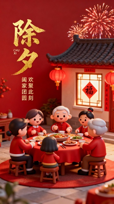 参考这两张图片的风格样式及布局，按照中国传统民俗，制作除夕到初七的新春民俗套图，共八张预览效果