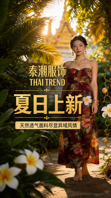 使用泰潮服饰夏日上新泰式海报图，适配为抖音9:16竖版封面，保持泰潮品牌配色金色+暗红+白色不变，将重要文案内容放在中间1/2区域，避开顶部和底部遮挡区域，保留所有文案内容：泰潮服饰THAI TREN预览效果