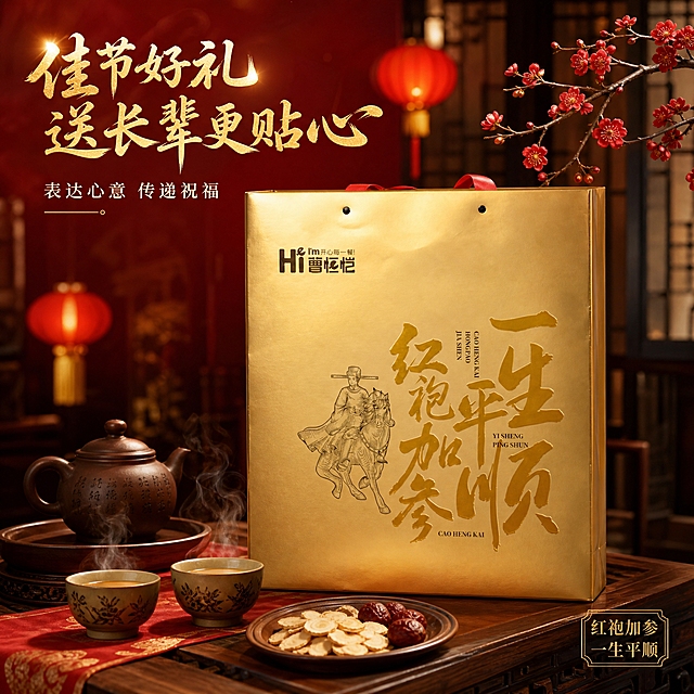 [主图-4] 送礼场景图，展示礼盒在节日送礼场景中的使用氛围，增强代入感。
[统一基调] 整体风格为高端国潮品质风，背景主色为深红渐变搭配金色光晕，标题字色为烫金质感金色，辅助字色为米白色，强调色为中国红，字体样式为粗厚书法体主标题+精致宋体辅助文，卡片样式为金色细线描边半透明深色底卡片，整体传递尊贵喜庆的送礼氛围。
[画面] 温馨中式客厅场景，深色实木茶几上摆放着金色礼盒手提袋，礼盒正面朝向镜头，占画面约50%。茶几上还摆放着一套精致的紫砂茶具，两杯冒着热气的参茶，旁边有一小碟参片和红枣。背景是模糊的中式屏风和红色灯笼，营造出节日团聚的温馨氛围。画面右上角有一枝梅花枝条伸入画面，增添雅致感。整体场景温暖喜庆，突出礼盒作为节日礼品的氛围感。
[光影质感] 场景摄影质感，暖黄色主光，整体光线柔和温馨，礼盒金色表面有环境光反射，茶杯有热气升腾的朦胧感，背景虚化突出前景礼盒，景深自然。
[配色] 主色暖棕+金色+红色，辅助色米白+深褐，场景色调温暖喜庆，与礼盒金色相得益彰。
[文字版式] 画面左上角主标题"佳节好礼 送长辈更贴心"烫金书法大字，字号适中；下方小字"表达心意 传递祝福"米白色宋体。文字放在左上角负空间，不遮挡礼盒主体。右下角有"红袍加参 一生平顺"小型金色印章样式。
[输出要求] 1:1正方形比例，2048*2048像素，场景自然真实，产品清晰完整，文字清晰可读，禁止出现错字、模糊、杂乱、水印、淘宝天猫平台Logo。