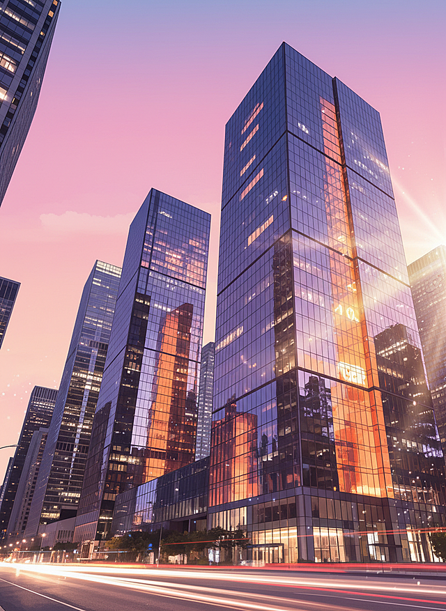 现代商务高楼，玻璃幕墙反射夕阳，3D立体感强，科技氛围浓厚。