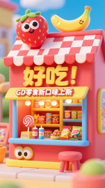一个色彩鲜艳、造型可爱的店铺，整体以红色为主调，搭配明亮的黄色和蓝色元素，营造出活泼热闹的氛围。小屋顶部装饰有红白格子布，屋顶有有着大眼睛的草莓和香蕉。摊位内陈列着各种玩具食品(糖果、饮料和零食)。店预览效果