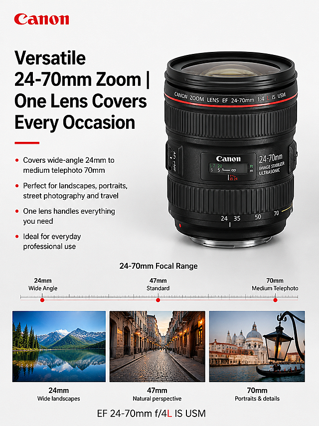 「图片1」「图片1」「图片1」「图片1」「图片1」「图片1」根据佳能EF 24-70mm f/4L IS USM产品设计一套完整的10屏详情页，需要每屏详情页都突出产品的卖点，输出的图片每一屏都必须是竖版的 3:4 尺寸，高转换率，英文文案，文案左对齐，文字清晰，风格一致，色调统一