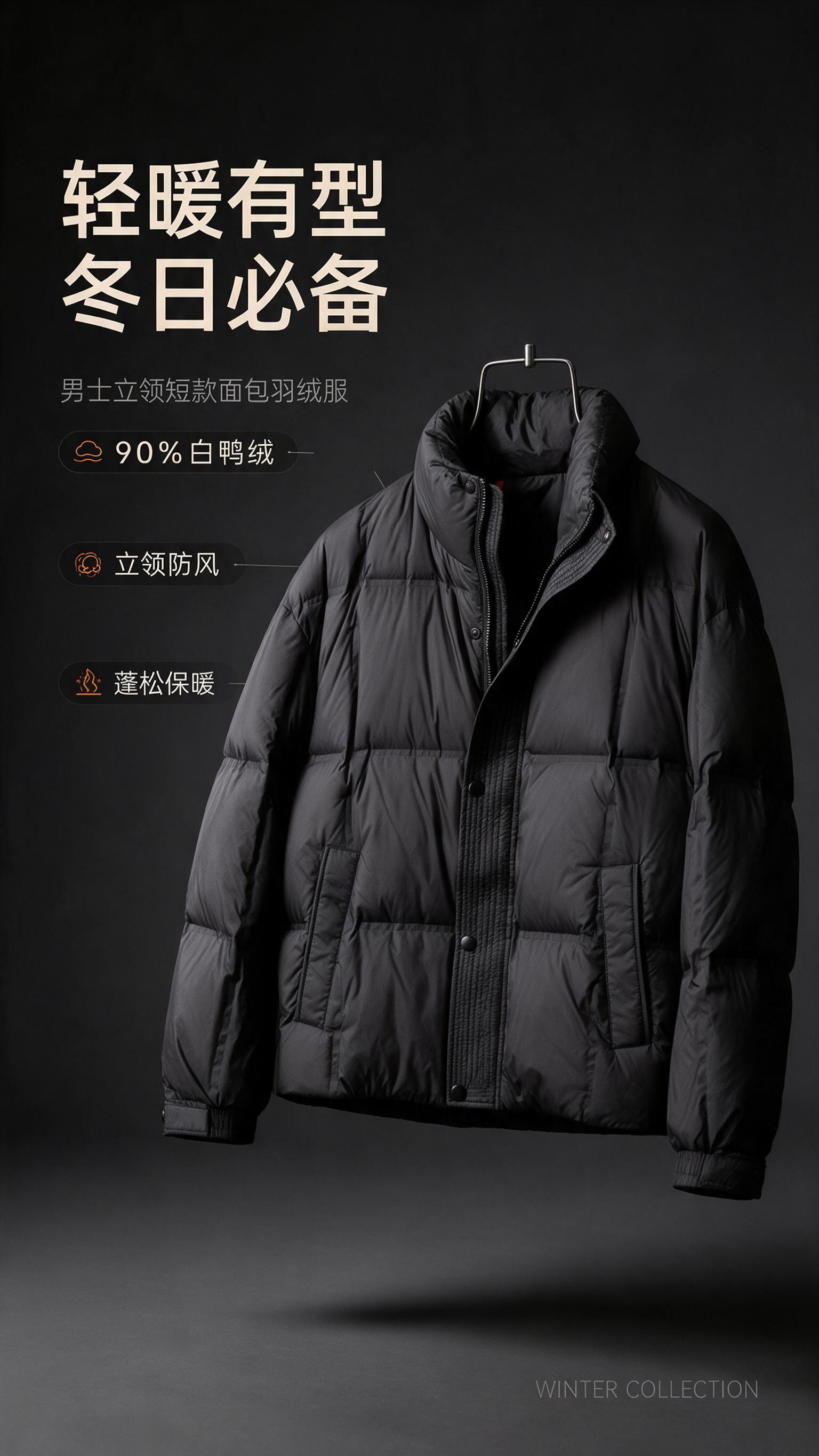 [商品] 使用【图1】黑色立领短款面包羽绒服；商品处理：保留立… - 图片创意预览