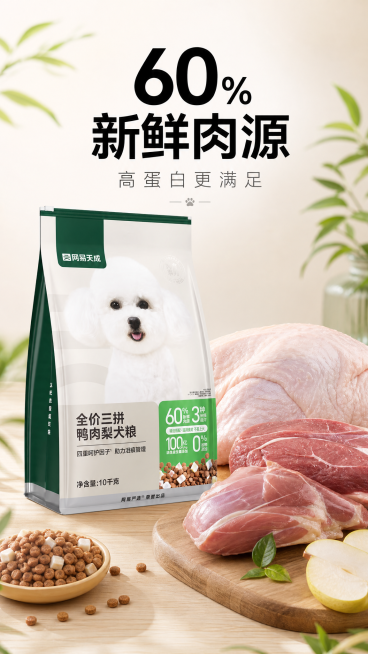 核心卖点强化，主文案"60% 新鲜肉源"居中放大，字体粗黑；副文案"高蛋白更满足"在主文案下方，字体纤细，颜色比主文案浅一度，整体位于画面上半区。画面左侧为网易天成鸭肉梨犬粮包装，右侧为真实鸭肉、鸡肉预览效果