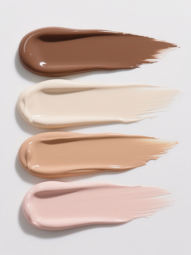 四个不同色号的粉底液膏体呈不规则涂抹状，具有细腻的软3D质感，从左到右分别为深棕色、米白色、浅棕色、浅粉色，整齐排列在纯白色背景上，每个膏体展现出自然的光泽和细腻的纹理，整体画面简洁而富有高级感，突出粉底液的质地和色彩多样性，高分辨率，产品摄影风格，光线柔和，阴影细腻，色彩准确，细节清晰。